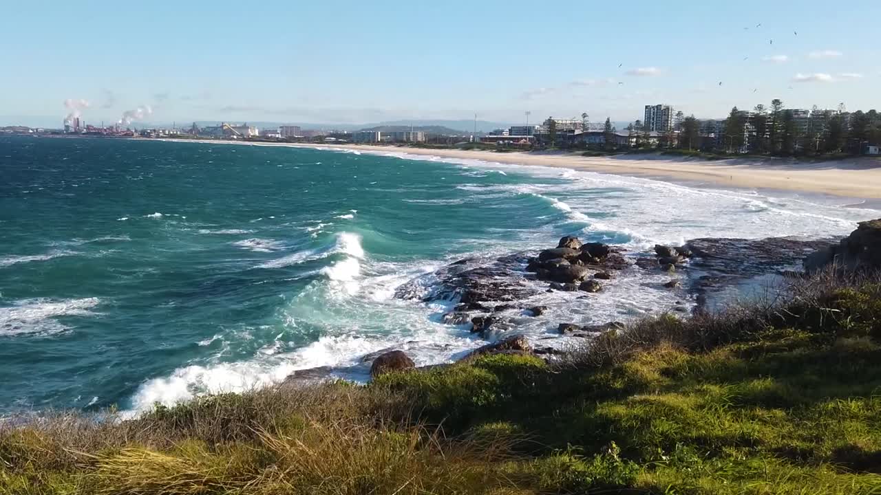 Static shot of ocean waves hitting coastline with city of Wollongong, Australia in the horizon while grass is being blowned by strong wind.