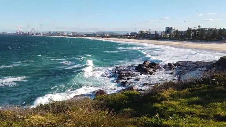 Inquadratura statica di onde oceaniche che colpiscono la costa con la città di Wollongong, Australia, all'orizzonte, mentre l'erba è mossa da un forte vento