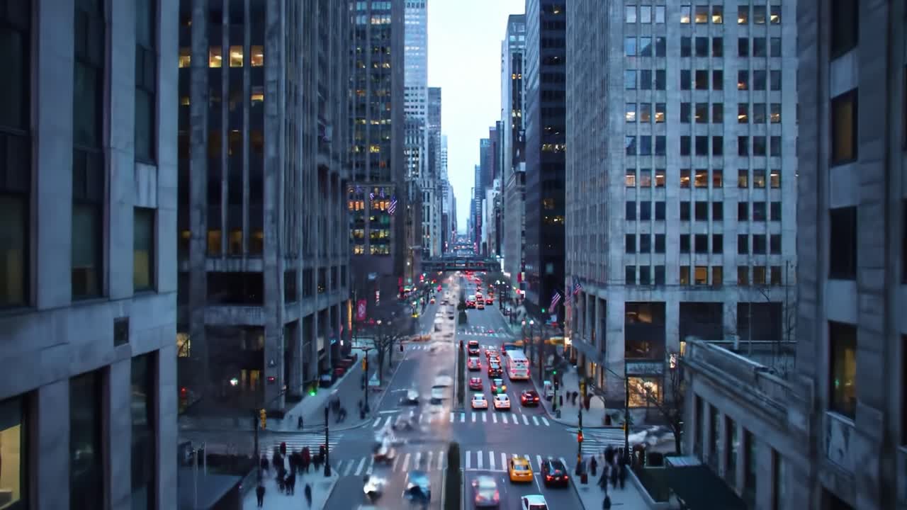 As dusk settles, the vibrant city comes alive with streams of vehicles navigating the busy streets. Tall buildings frame the urban landscape, embodying the pulse of city life.