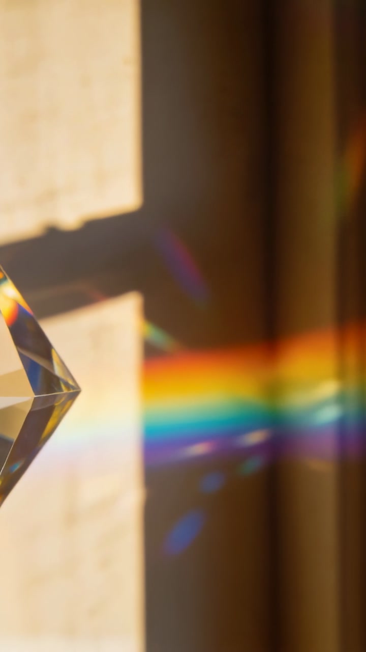 Vertical video: Catching sunbeam, crystal prism on cord casting moving rainbow on wall, copy space