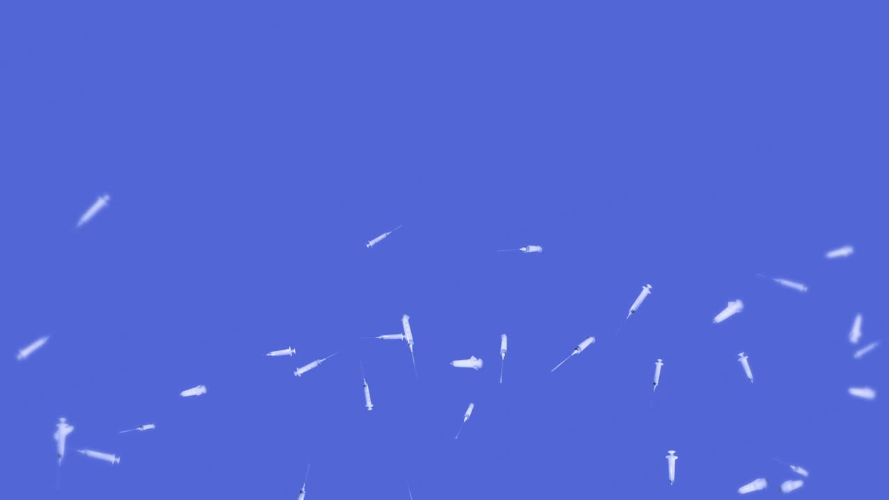 파란색 배경에 주사 할 수 있는 많은 주사기를 날리는 의료 개념 바이러스에 대한 백신 의료 치료 3d 루프 애니메이션