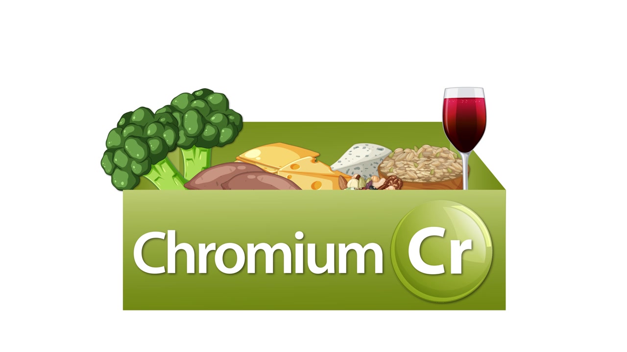 Green chromium supplement box fills with assorted chromium-rich foods in smooth flat-style animation