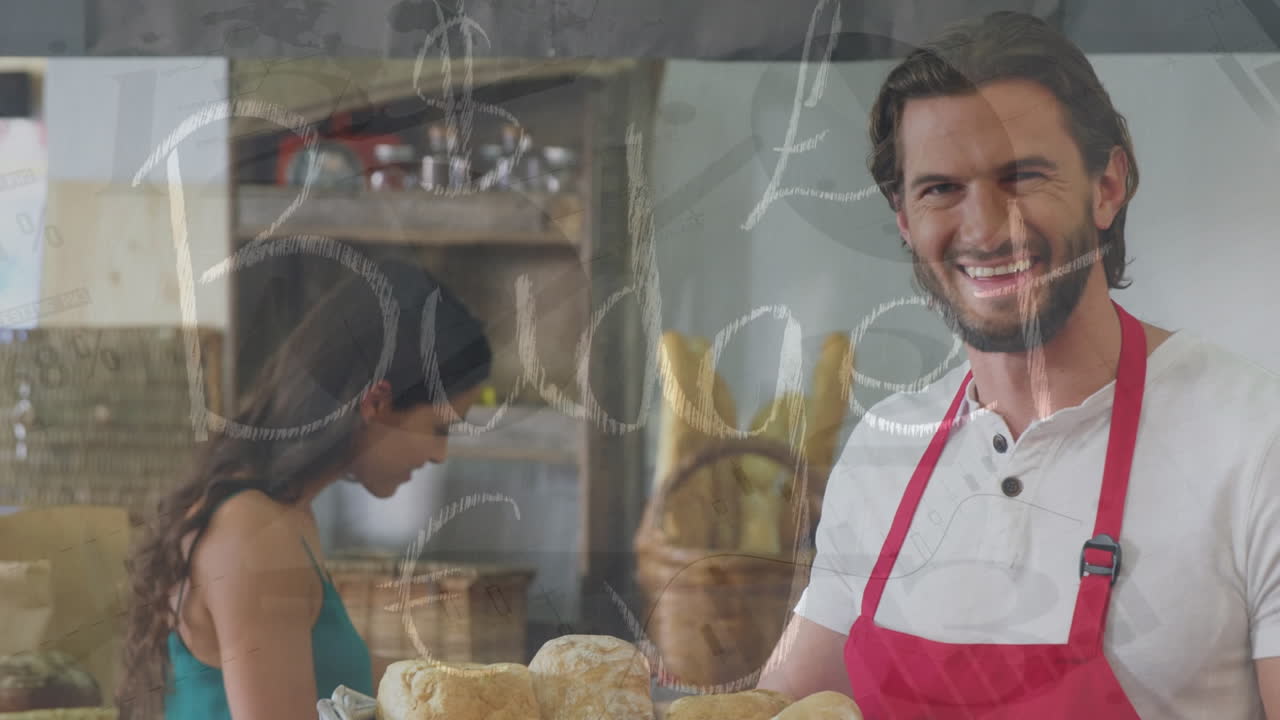 animación de gráficos financieros sobre feliz vendedor masculino caucásico en la panadería