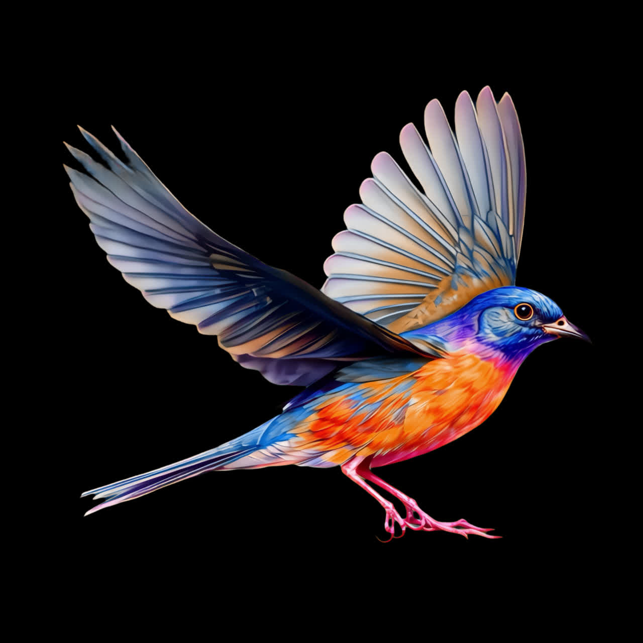Colorful bird in flight animation isolated asset, transparent 4K video, alpha channel, ProRes 4444