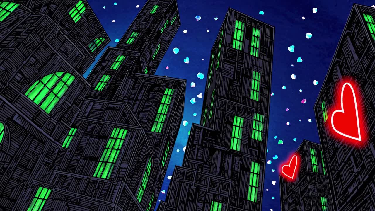 Glowing green skyscrapers towering beside dark starlit backdrop, neon red hearts drifting through nocturnal cityscape, creating ethereal romantic mood