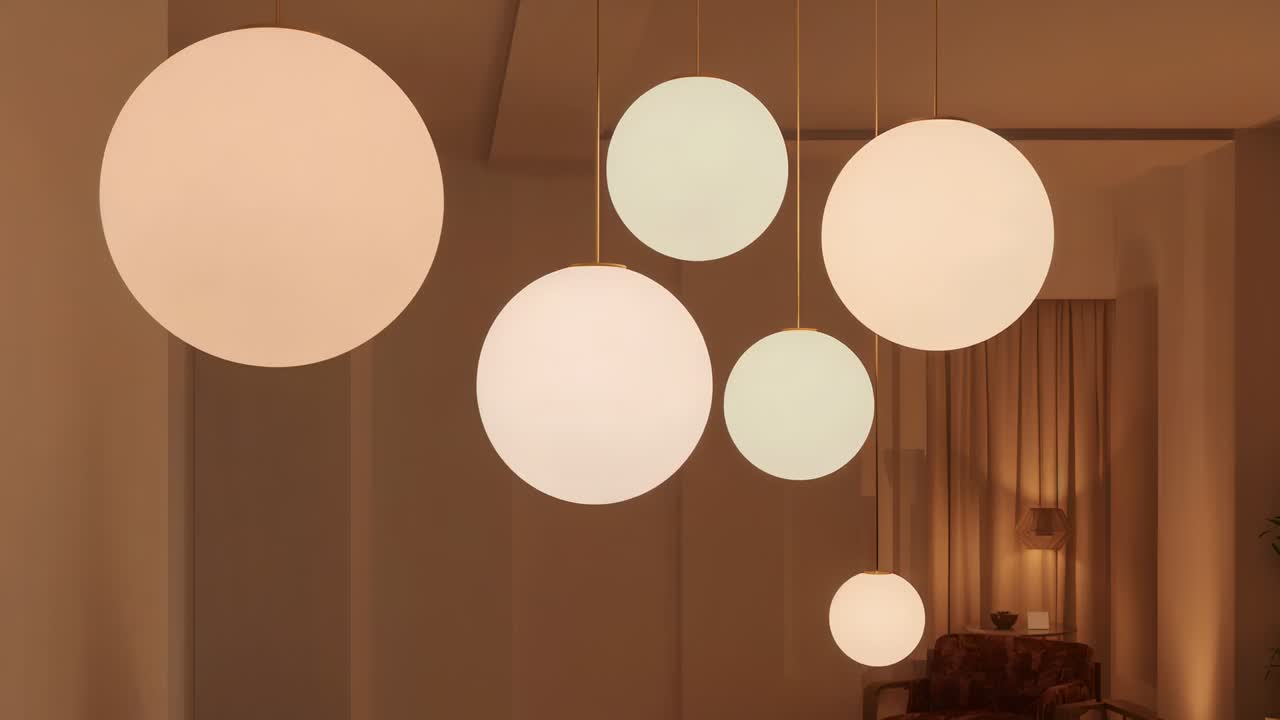 Pulling back camera showing six globe pendant lights in lounge, revealing ceiling mount, table lamp