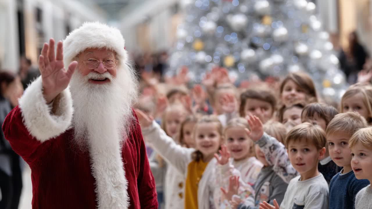 A Joyful Holiday Celebration with Santa Claus Surrounded by Cheerful Children Waving Enthusiastically in Front of a Festive Christmas Tree