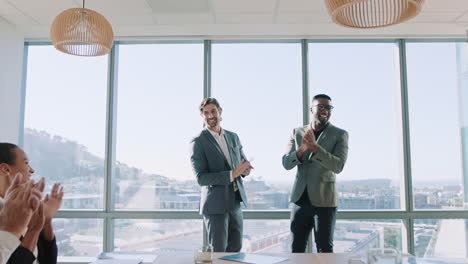 business people shaking hands in boardroom meeting successful corporate partnership deal with colleagues clapping hands welcoming opportunity for cooperation in office 4k