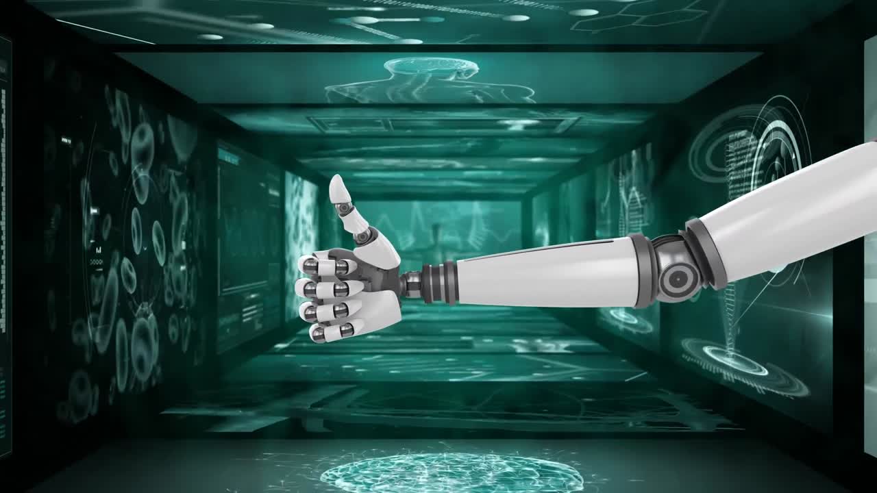 manos robóticas gestando pulgares hacia arriba y procesamiento de datos médicos