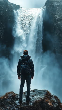 man stands in awe of a powerful waterfall in a misty landscape