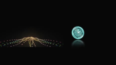 animation of moving clock and yellow dotted lines moving over black background