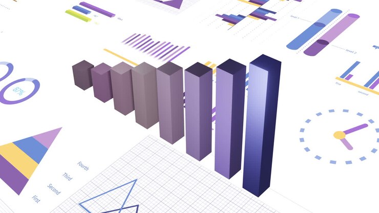 Animation of financial data processing with graphs on white background