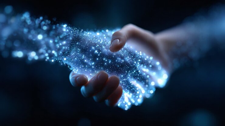 Un affascinante scambio di luce: due mani impegnate in una connessione cosmica attraverso particelle scintillanti ed energia eterea in un ambiente buio