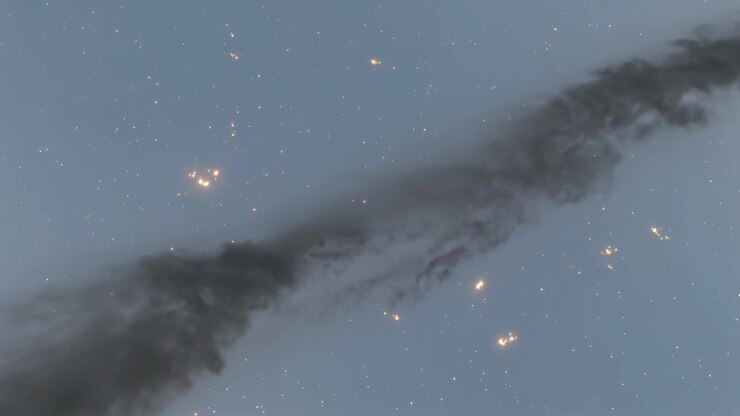 Drifting dark filament thinning across starfield over frames, shedding ember clusters and wisps