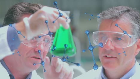 Animation-of-molecules-over-caucasian-male-scientists-with-laboratory-beakers