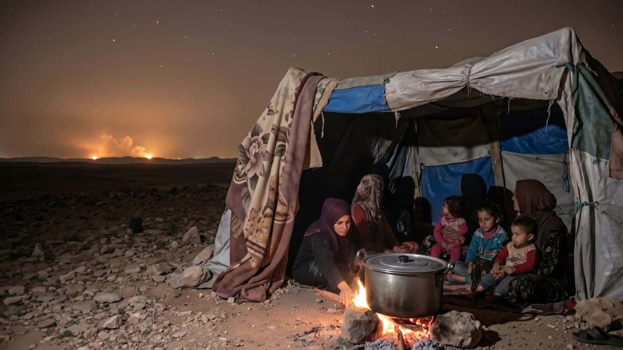 Group of women and children sitting inside a makeshift tent at night while cooking over an open fire