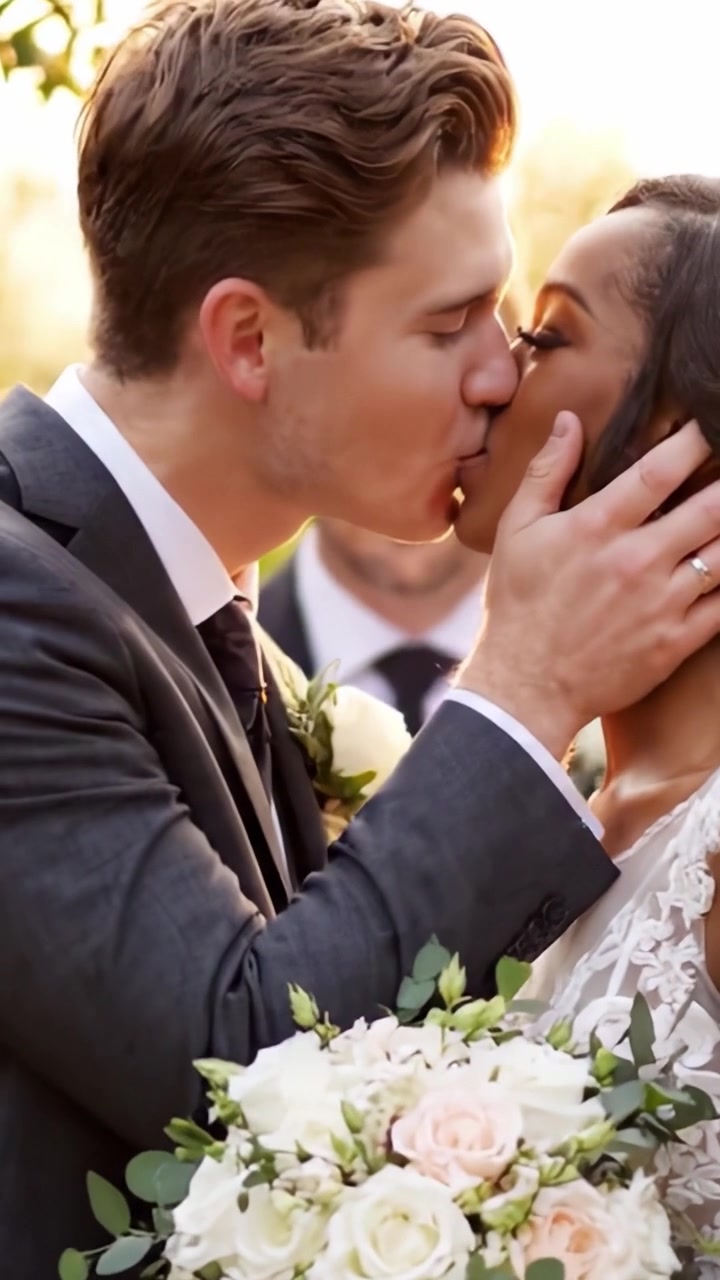 Una bellissima cerimonia di matrimonio all'aperto celebra amore, gioia e impegno mentre la coppia pronuncia i propri voti circondata dalla natura con amici e familiari presenti.