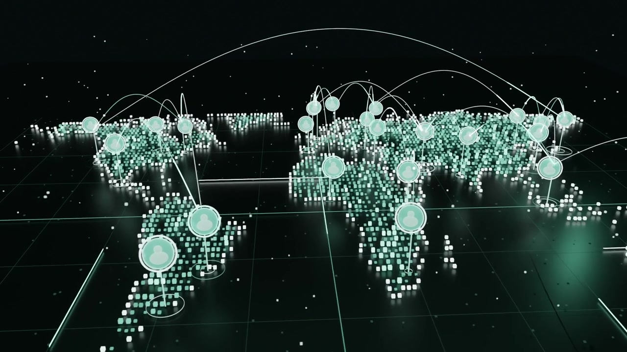 Animating 3D map as hub markers appearing, glowing pixels forming arcs on dark grid showing links