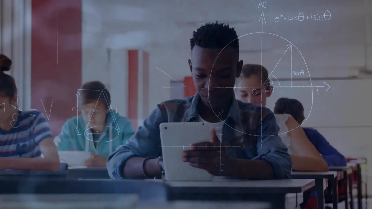 Animation of math formulas over afrcian american teenage boy using tablet at school