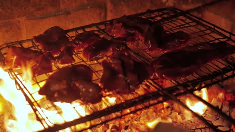 barbecueing venison steaks on red-hot coals and flames of an open fire