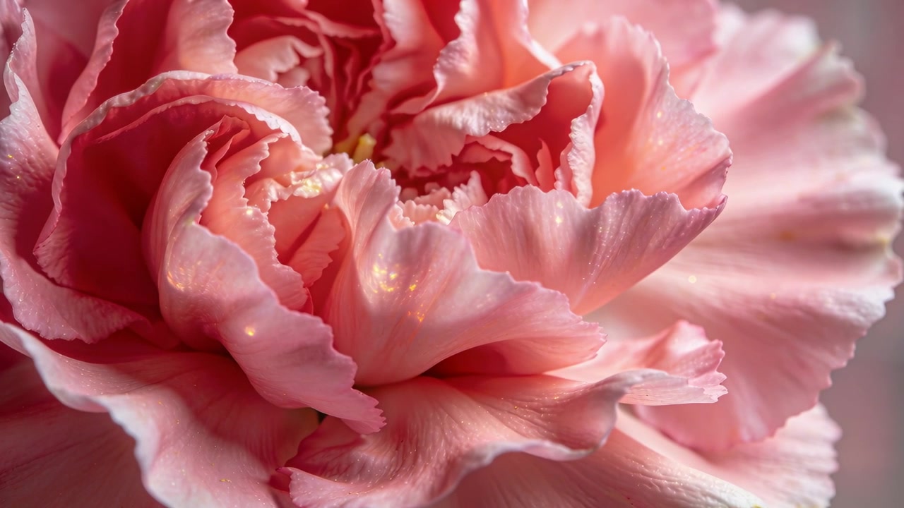 Pulling camera back revealing single pink ruffled bloom, petals, yellow stamen, highlights, bokeh