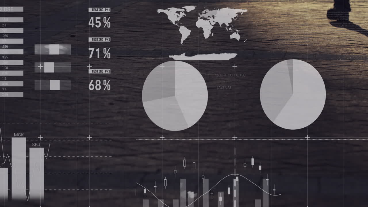 animación de múltiples gráficos que se mueven sobre el lapso de tiempo y la sombra de las personas que caminan por la calle