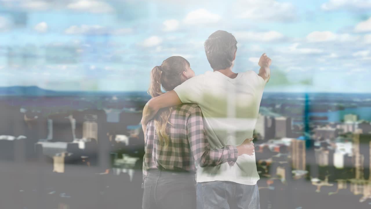 도시 풍경을 바라보는 커플을 포옹하는 창문의 애니메이션