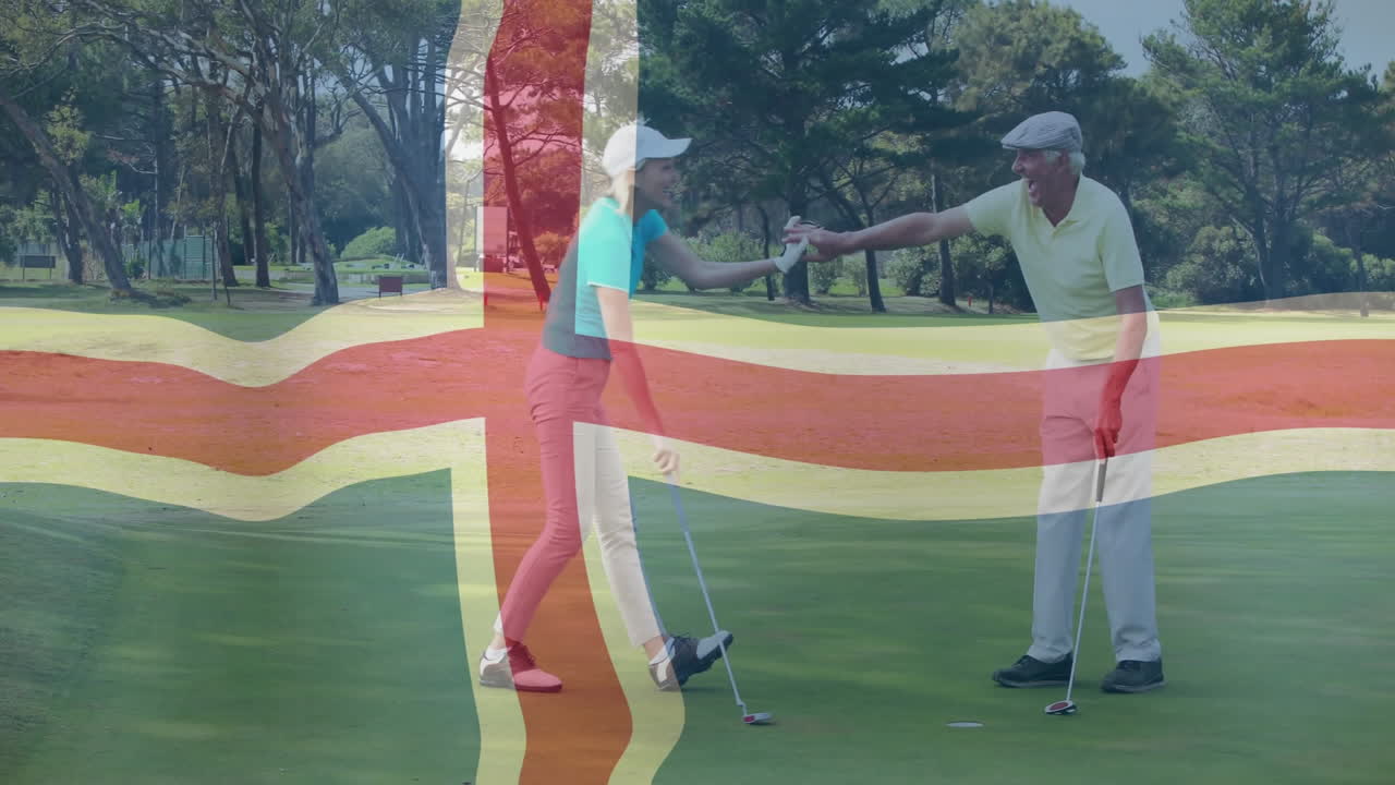Golf partners high-fiving on putting green, showing floating tech scorecard and trajectory lines