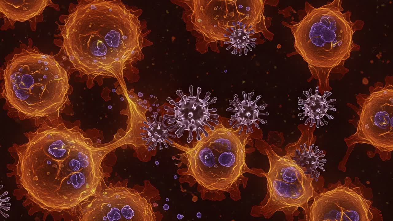 Microscopic Interaction of Cells and Viruses Showcasing Cellular Structures and Immune Response in a Vibrant, Abstract Representation