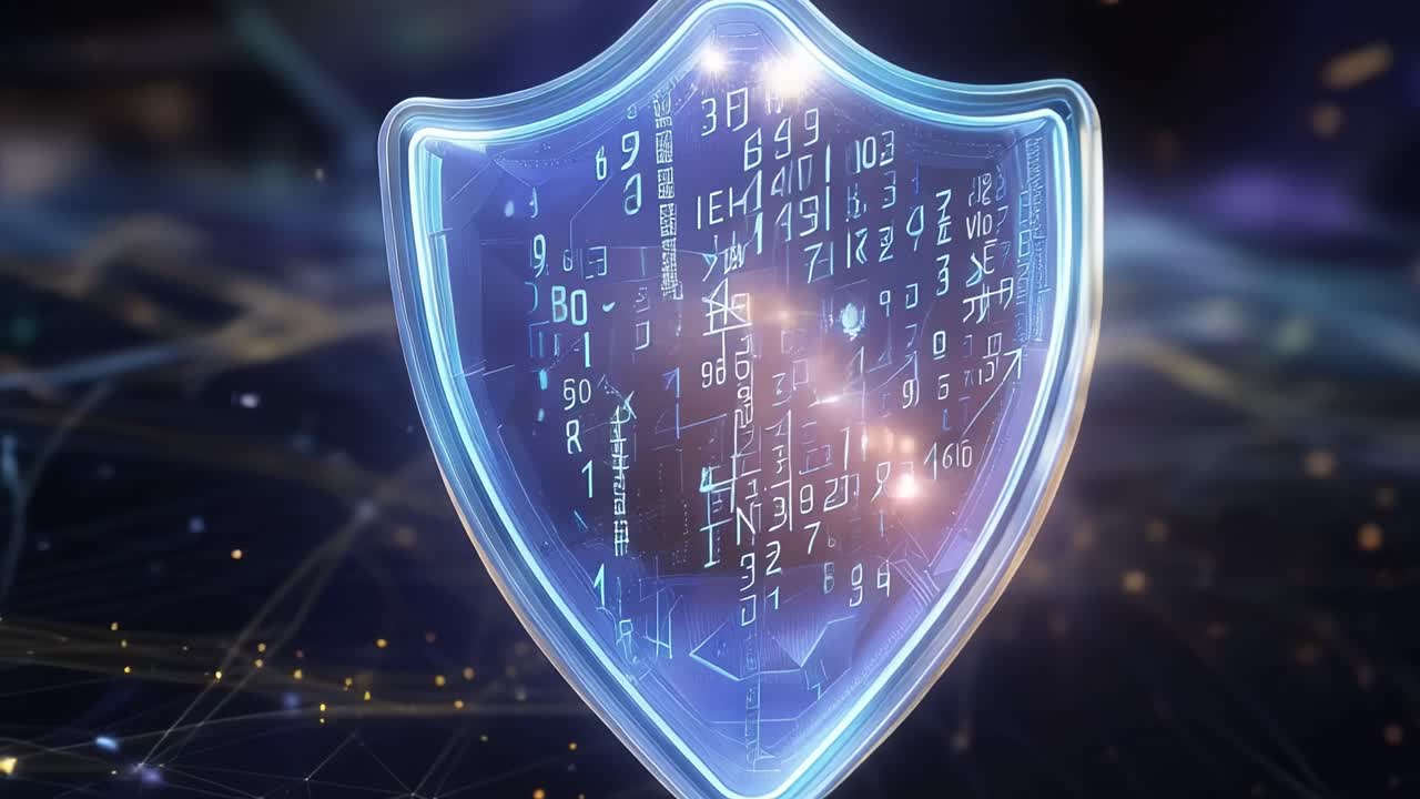 A Futuristic Digital Shield Representing Cybersecurity, Protection, and Data Privacy Amidst a Vibrant Abstract Background of Interconnected Networks and Light