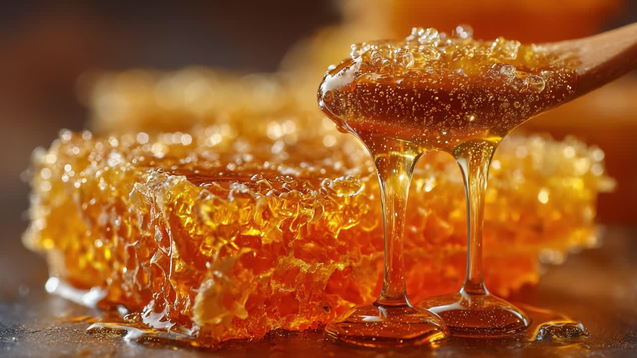 Primo piano accattivante di miele ricco e dorato che cola da un cucchiaio di legno, mettendo in mostra la bellezza naturale e la consistenza del favo fresco.