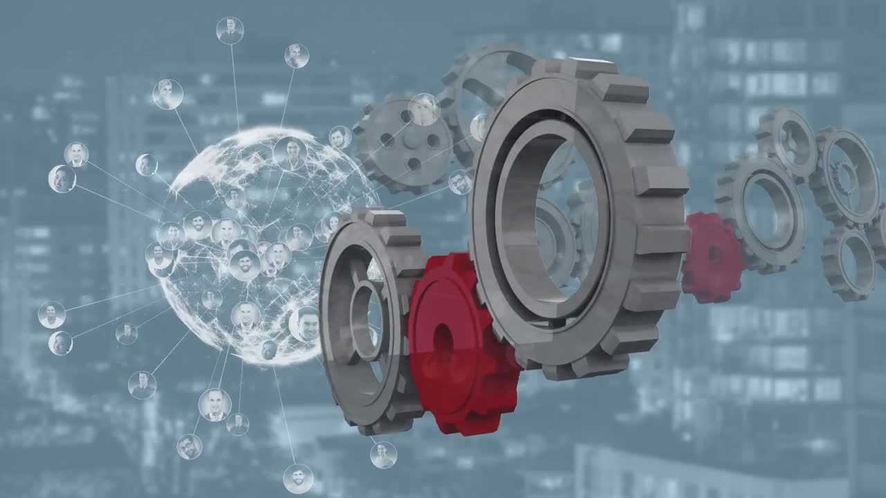 red giratoria de globo con red de datos y conexión con engranajes giratorios