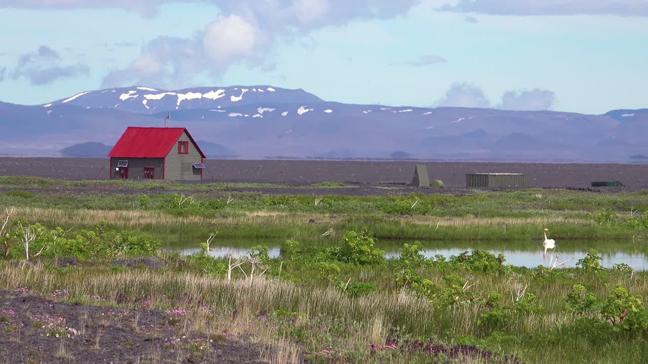 удаленный дом или строение во внутреннем высокогорье исландии с лебедем на озере неподалеку
