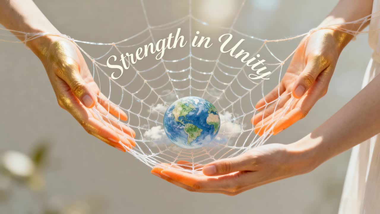 Entering hands cupping web, adjusting tension in sunlight, centering globe under Strength in Unity