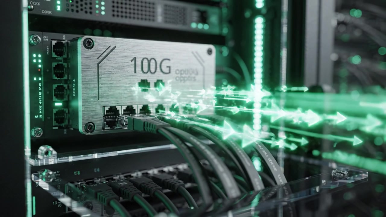 A close-up view of a high-speed networking device showcasing advanced connectivity with multiple cables and illuminated components in a modern server environment