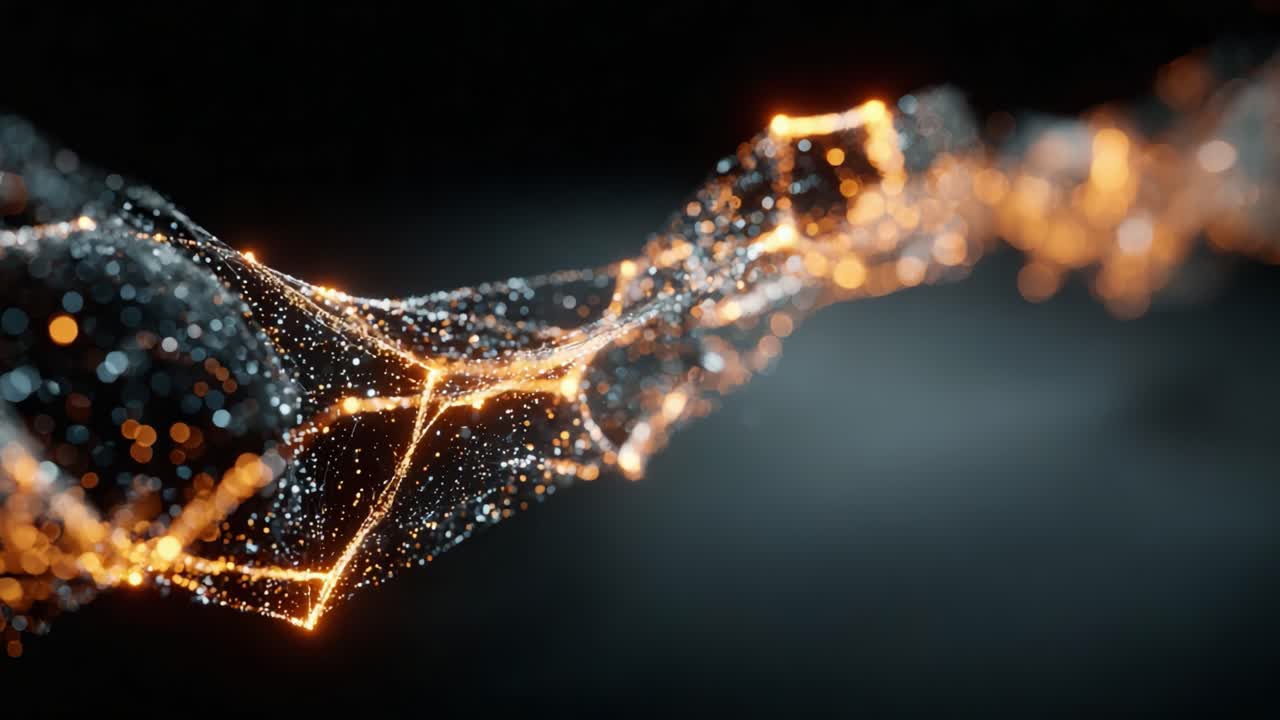 Una rete scintillante di particelle illuminate: Esplorando la danza di luce e forma in una visualizzazione affascinante di connessione e flusso