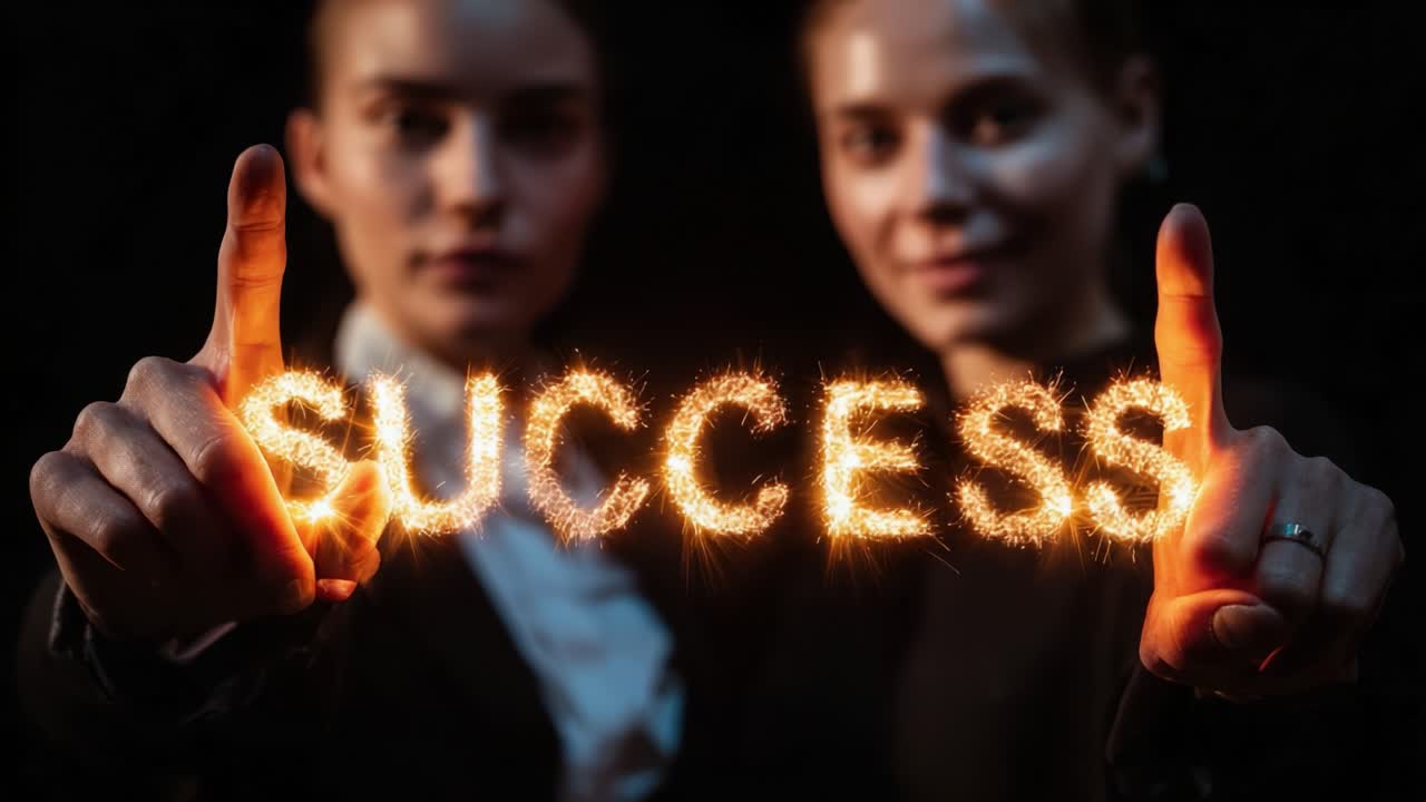 Two women joyfully celebrating their shared achievement, symbolizing success with sparklers, as they proudly display the glowing word 'SUCCESS' formed by bright, glowing stars