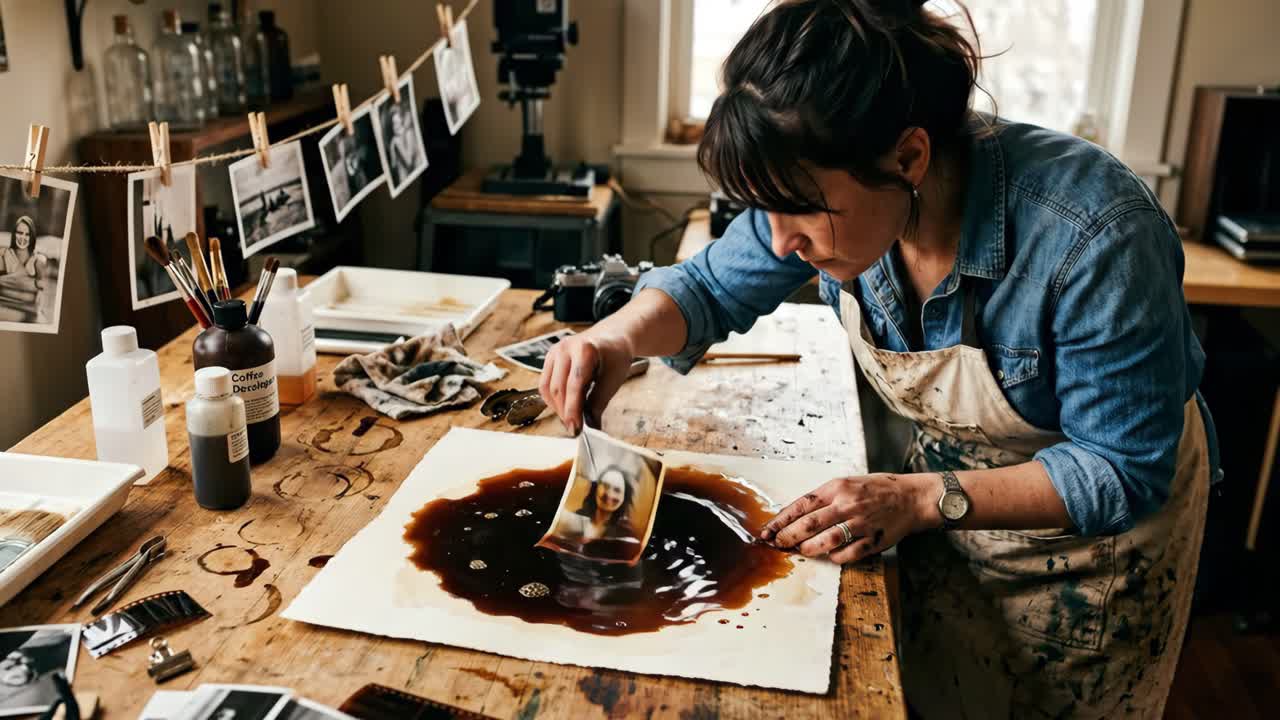 Woman Developing an Analog Photograph in a Creative Studio