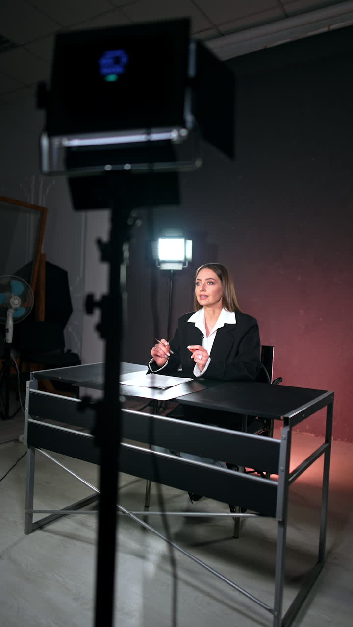 Lady with long brunette hair wearing white shirt and black jacket sits at desk. Blogger speaks waving hands to camera. Backstage of the video footage. Vertical video