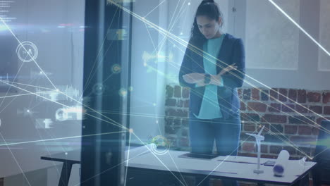 animation of network of connections over businesswoman