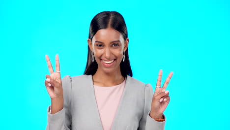 Face,-smile-and-Indian-woman-with-peace-sign