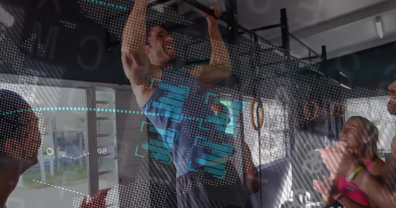 Man hanging from fitness rig partners clapping, doing kipping pullups with HUD overlay clearing bar