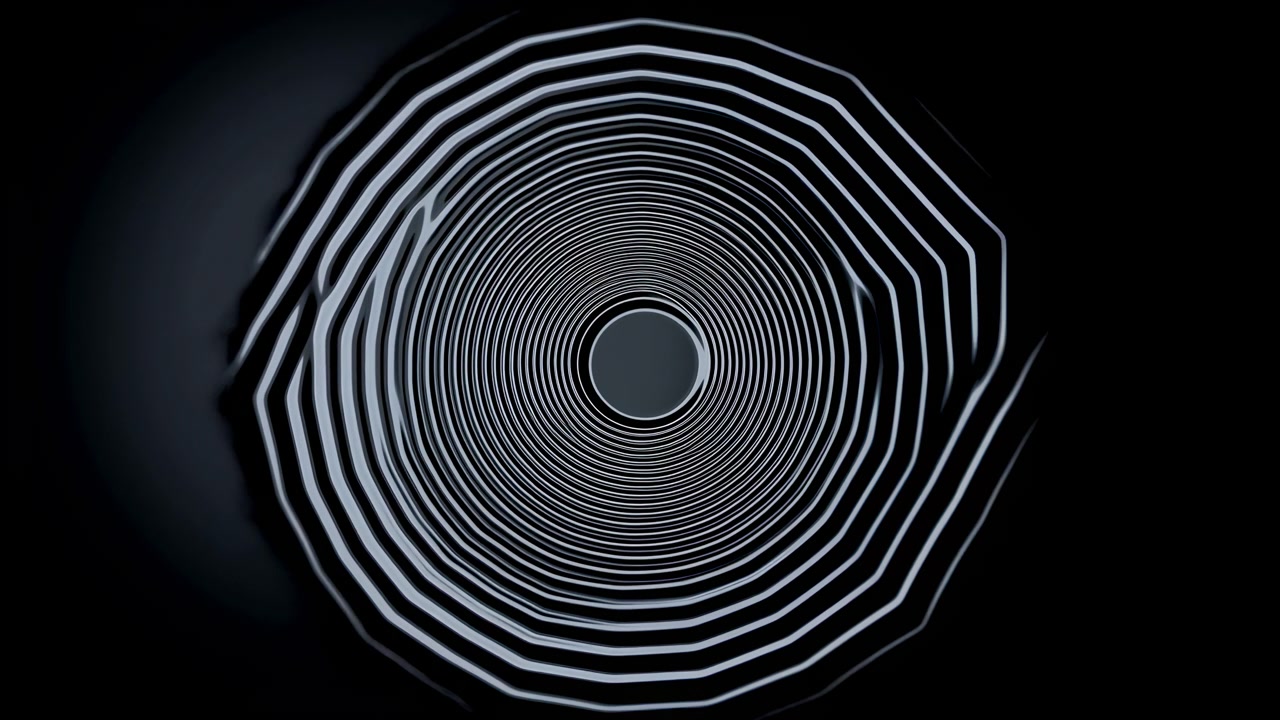 Abstrakt cirkulært linjemønster vokser udad på en mørk overflade, der viser en glat geometrisk transformation med glødende hvide konturer, centreret synspunkt, høj kontrast og minimalistisk visuel balance.