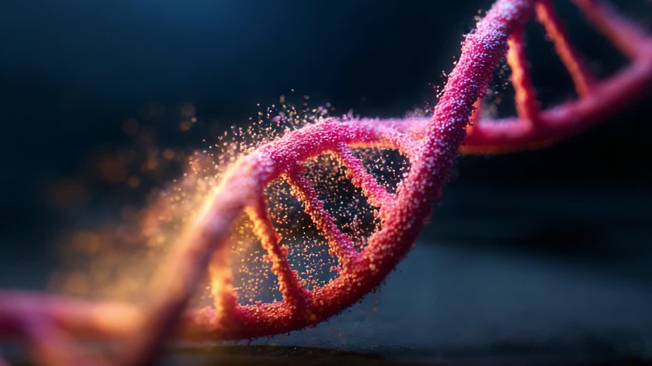 A Captivating Close-Up of a Vibrant DNA Helix, Illuminating the Intricacies of Genetic Life with a Stunning Display of Colors and Particle Effects in a Dark Background