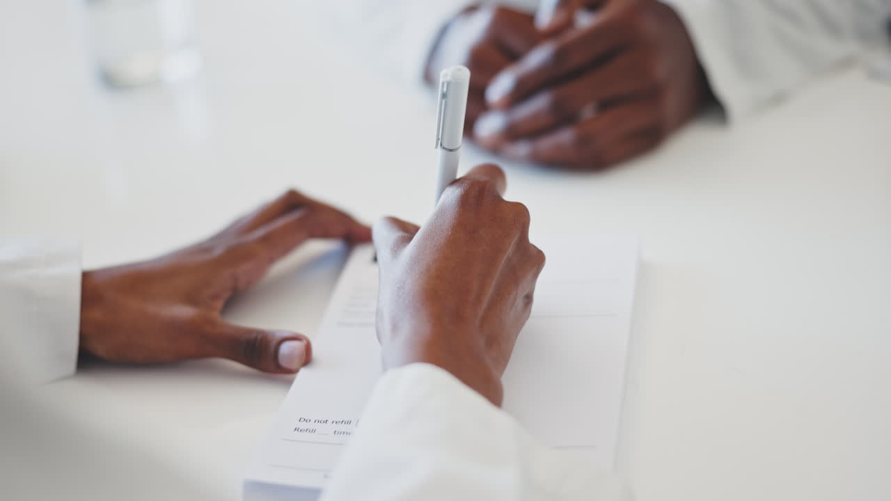 Doctor, patient and hands writing prescription