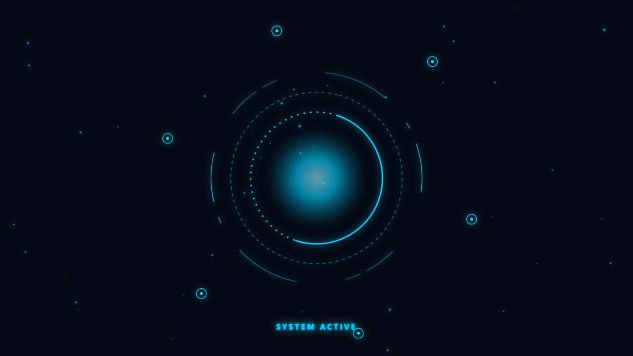 Futuristic Digital Interface with Glowing Blue Core and System Active Text