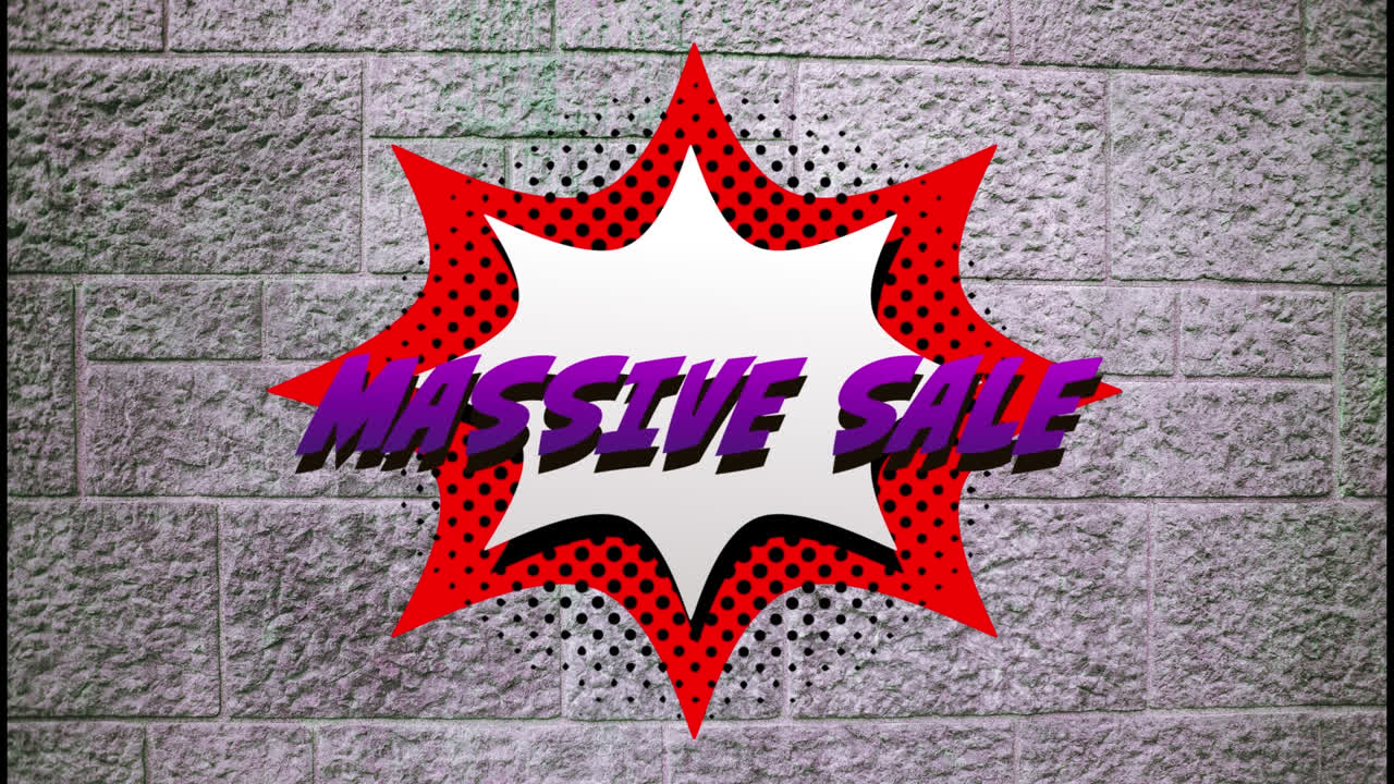 벽돌 벽에 검은 점과 거대한 판매 텍스트와 함께 폭발 모양의 일러스트레이션