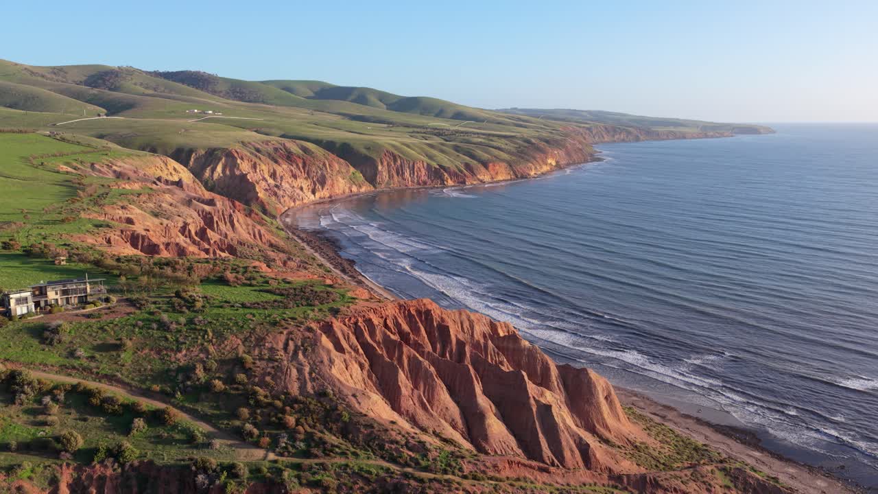 Establishing Wide Aerial of Sellicks Beach Cliffs, Hills and House at Golden Hour, Adelaide, South Australia