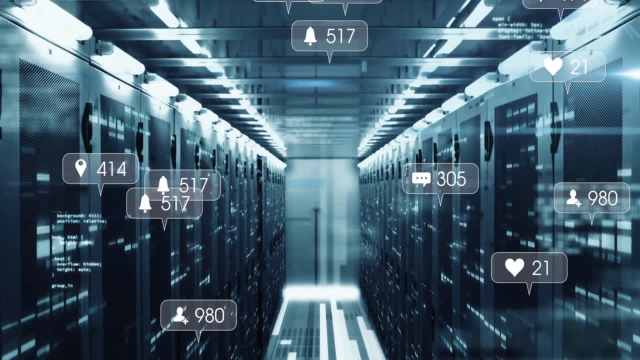 Animation of social media icons and numbers and data processing over computer servers