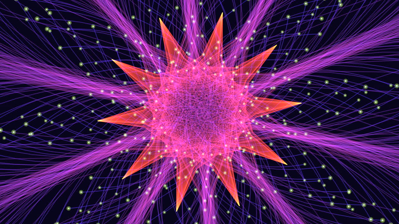 A stylized representation of a star composed of lines and dots in a circular pattern, with colors of purple and green dominating the image, creating a visually captivating and harmonious composition